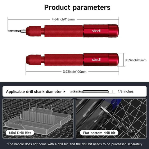 Ultra Precision Pin Vise Hand Drill With Double Bearings, Smooth As Silk For Gundam Kits And Miniatures, Right On For 3D Resin Parts, Rust Resistant, Durable Mini Drill In Red with dimensions and drill shank compatibility diagram.