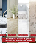 Kitchen countertop, tile floor, tile backsplash, marble shower; Pro Sealer Quart Impregnating Sealer For Marble And Tile shown.