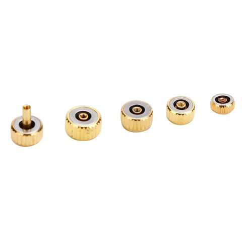 Pro Grade Watch Repair Kit With Stem Extender And Crown Replacement Parts, gold replacement crowns on white background