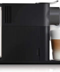 Zero Stress Single Serve Coffee Brewer With Built In Milk Frother For Rich Latte Perfection and Smooth Daily Sips Plus Sleek Black Drip Espresso Station side view with latte in glass.