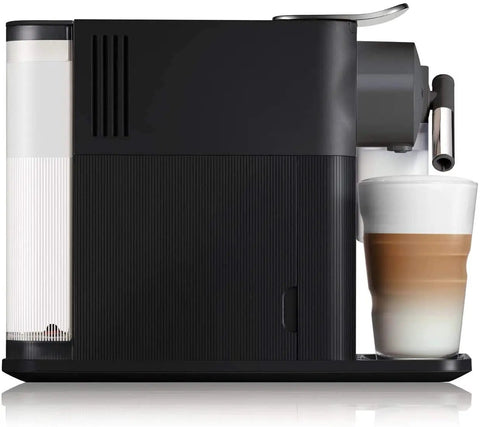 Zero Stress Single Serve Coffee Brewer With Built In Milk Frother For Rich Latte Perfection and Smooth Daily Sips Plus Sleek Black Drip Espresso Station side view with latte in glass.