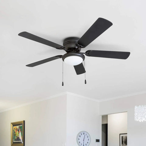 Hugger 52-Inch Matte Black Ceiling Fan With Bowl Light Kit Low Ceiling Friendly Dimmable Frosted Light 5-Blade Matte Black Finish