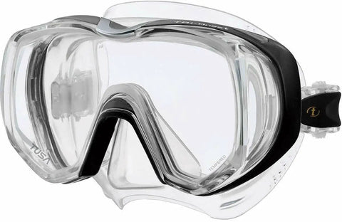 Freedom Tri-Quest Scuba Diving Mask M-3001 with low-profile single window design in clear and black, close-up view.