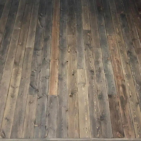 Aged Barrel Reactive Water Based Wood Stain Yields Hella Authentic Vintage Depth Smooth As Glass on rustic wood floor.