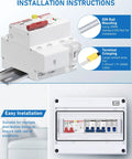 Installation instructions for 50 Amp GFCI Breaker For Hot Tub Disconnect 240V With Panel Surge Protector and LED Status Light, shown with DIN rail.