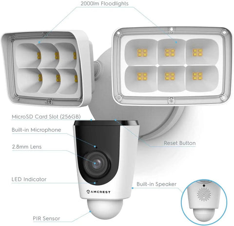 Wireless Floodlight Security Camera With Motion Alerts 1080p HD Night Vision Two Way Audio Remote Access Weatherproof Outdoor Surveillance Light Built In Floodlight And No Fuss Setup showing LED lights and camera features.