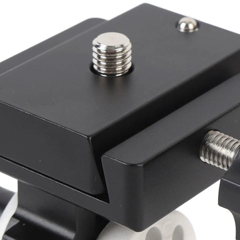 Close-up of the Night Sky DSLR Tracking Mount With 90 Degree Equatorial Wedge, showing the 3/8 inch thread on aluminum material.