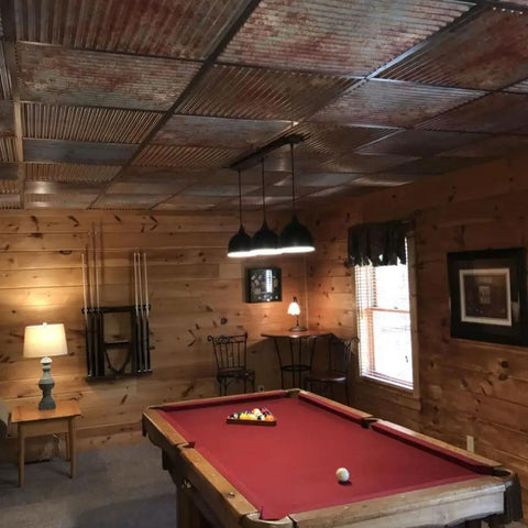 Game room with Ridged Metal PVC 2x2 Lay In Ceiling Tile For Quick Ceiling Makeover Adds Crisp Design And Stunning Finish Fits 15/16 In Grid Fire Rated Class A Covers 40 Sq Ft 10 Piece Old Tin Roof Style.