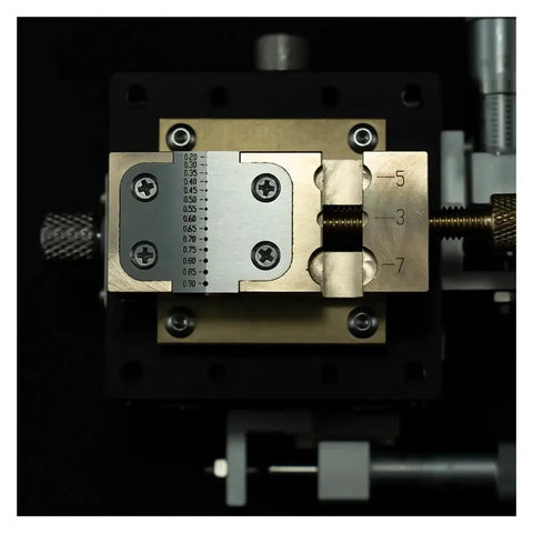 Close-up of XY Axis Linear Stage With Fine Tuning Frame For Manual Displacement And High Precision Measuring showing measurement scale.