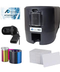 Ready To Roll Dual Sided Id Card Printer System With Hd Webcam, Plug And Play Management Software Bundle, Includes One Hundred PVC Badge Cards And Full Color Ribbon, Made In USA, showing printer, webcam, ribbon, cards.