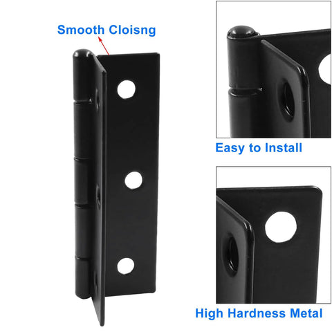 Top Tier Black Metal Butt Hinges, Smooth Folding Action Measures Two Point Three Six By One Point Four Two Inches, side view showing easy installation and metal durability.