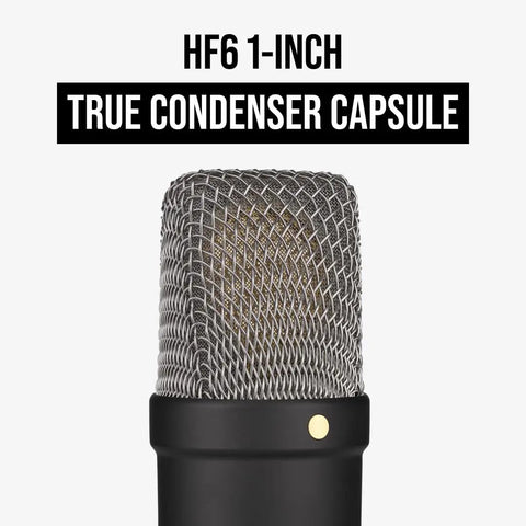 Close-up of the HF6 1-inch true condenser capsule in the Signature Series Large Diaphragm Condenser Mic With Shock Mount, Pop Filter, And XLR Cable For Music Production, Vocal Recording, Streaming, And Podcasting, Featuring Smooth Frequency Response, Ultra Low Noise, High SPL Handling.