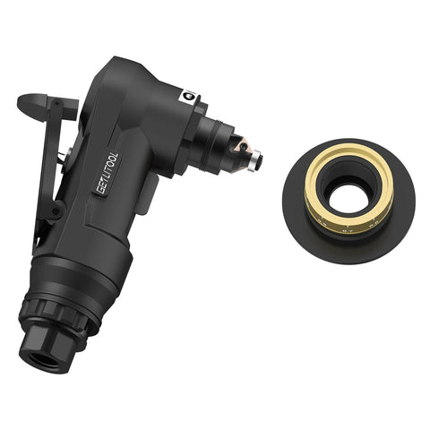 GETLITOOL pneumatic chamfering tool side view, black body with gold-toned blade holder/adapter