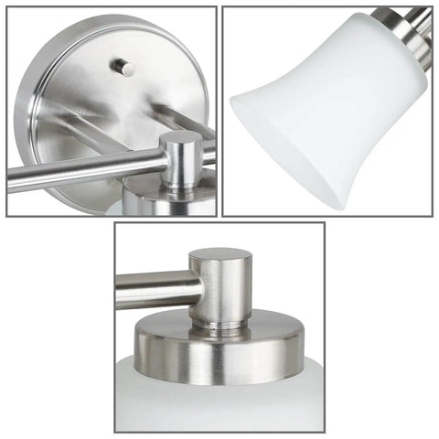 Close-up details of Dope Modern Brushed Nickel Vanity Light With Glass Shades, 3-Light Bath Bar For Bathroom, Hardwired Wall Fixture