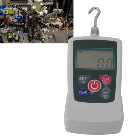 Digital Push Pull Force Tester 20N To 200N With Built In Sensor And Auto Backlit LCD Display For Quick Readouts, Storage Capable For Material Mechanics, Product Development And Quality Control, Rugged All Around Workhorse Force Meter on lab bench