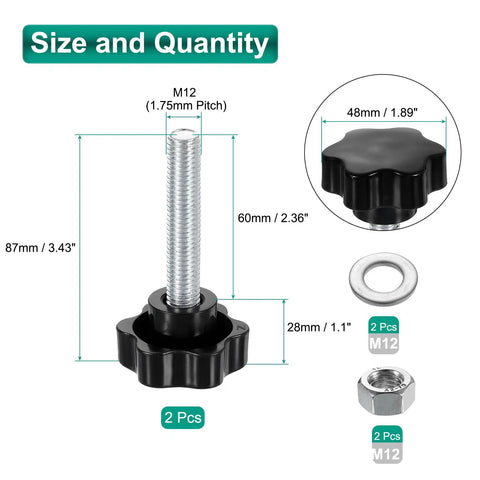 Black M12 Star Clamping Knobs With Nuts And Washers, Heavy Duty Zinc Plated Carbon Steel Thumb Screws, components with dimensions.