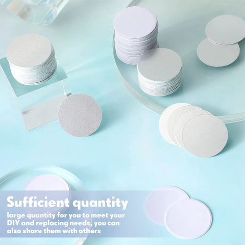 Stacks of DIY Sublimation Aluminum Blanks Set 1 Inch Round Discs with text highlighting sufficient quantity on blue surface