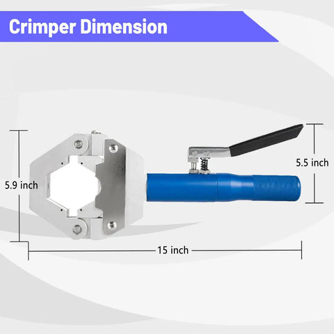 Heavy Duty Hydraulic AC Crimping Tool Kit dimensions with aluminum pump shown in inches for barbed and beaded fittings