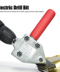 Power Sheet Metal Cutter Head For Electric Drill with 7mm Hex Shank, attached to drill, cutting metal sheet, DIY tool upgrade.