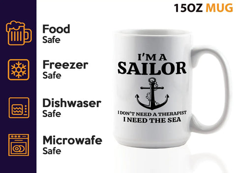 I Don't Need An Alarm I Need My Coffee Sailor Mug 15oz White Ceramic Gift For Boaters Sailors Lake Lovers Sailboat Glass Funny Gift For Captains And Shipmates showing safety features