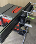 Premium 46 Inch T Track Table Saw Fence Extension on cabinet saw, featuring a five inch tall face and clamps.
