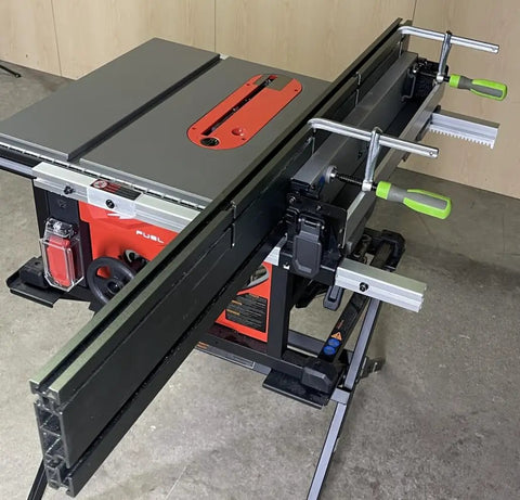 Premium 46 Inch T Track Table Saw Fence Extension on cabinet saw, featuring a five inch tall face and clamps.