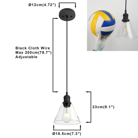 Retro Edison Style Pendant Light With Clear Glass Shade, dimensions and black cloth wire shown next to a volleyball for scale.