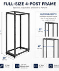 Beast Mode Heavy Duty 42U Server Rack Open Frame With Adjustable 23 To 41 Inch Depth For Pro Gear Setup And Clean Cable Routing Four Post Rack dimensions: 78" high, 24" wide.