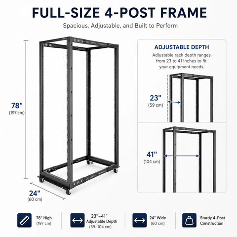 Beast Mode Heavy Duty 42U Server Rack Open Frame With Adjustable 23 To 41 Inch Depth For Pro Gear Setup And Clean Cable Routing Four Post Rack dimensions: 78" high, 24" wide.