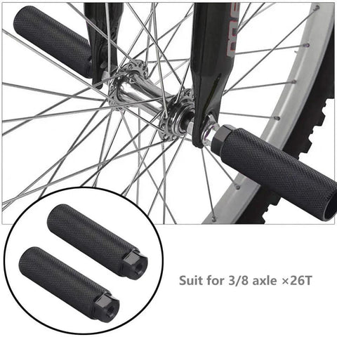 Three Eighths Inch Aluminum Bike Pegs Set With 26 Teeth Anti Skid Foot Pedals mounted on bike axle featuring grind-ready design.