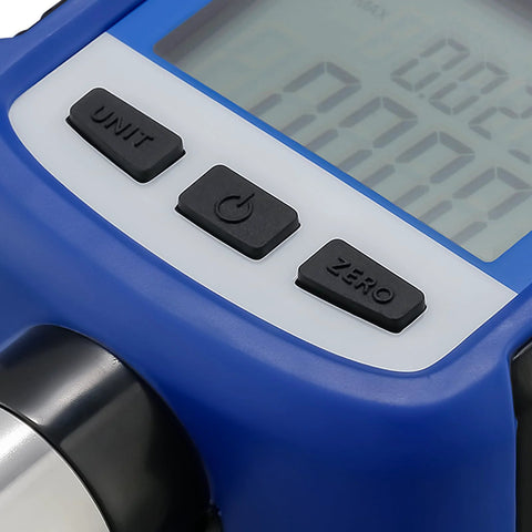 Close-up front view of MEASUREMAN digital pressure gauge: blue body, white panel with UNIT, power, ZERO buttons and a faint LCD display.