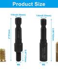 Heavy Duty Chrome Vanadium Hanger Bolt Driver And Threaded Insert Driver With Quarter Inch Drive for size reference and details.