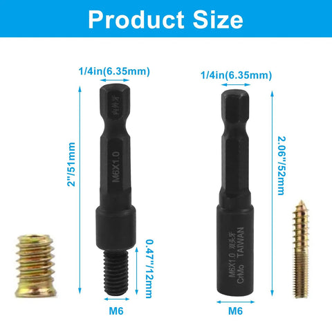 Heavy Duty Chrome Vanadium Hanger Bolt Driver And Threaded Insert Driver With Quarter Inch Drive for size reference and details.