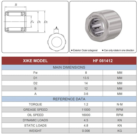 Diagram and specifications of 10 Pack HF081412 8x14x12mm One Way Needle Roller Bearings with outer octagon ring.