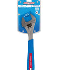 Heavy Duty Adjustable Wrench 12 Inch Chrome with Cushioned Grip in packaging, beefy jaw capacity for large nuts and bolts.