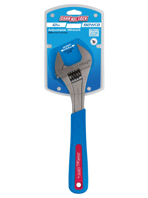 Heavy Duty Adjustable Wrench 12 Inch Chrome with Cushioned Grip in packaging, beefy jaw capacity for large nuts and bolts.