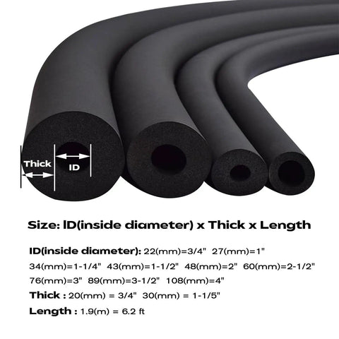 Beefed Up Foam Pipe Insulation Tube Kit For Water Lines And HVAC, showing various sizes and thickness, length 6.2 ft.