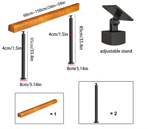 Heavy Duty Adjustable Black Wrought Iron Bracket With 24 Inch Pine Wood Deck Support dimensions and components displayed clearly.