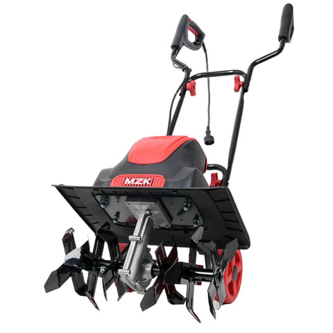 Powerful 16 Inch Corded Electric Tiller Cultivator With 13.5 Amp Motor, 8 Inch Till Depth, side view showing blades and tines