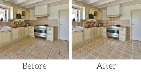 Easy Clean Grout Finish Kit With Color And Seal Grout, Stain Resistant Finish Before and After Kitchen Floor