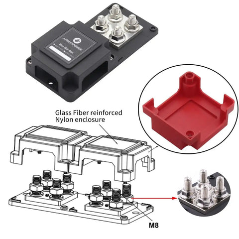Heavy Duty 400 Amp 12V Bus Bar With Real Deal Copper Terminals For Multiple Battery Banks Marine Ready showing wiring access and M8 studs.
