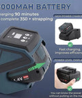 Kickstart Your Packaging Hustle With This Badass 4000mah Battery Powered Strapping Tool showing battery and charger details.