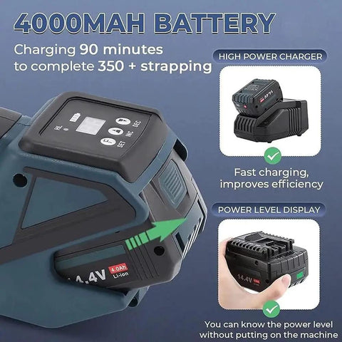 Kickstart Your Packaging Hustle With This Badass 4000mah Battery Powered Strapping Tool showing battery and charger details.