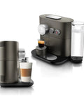 Prime Smart Espresso Machine Pulling Killer Shots On The Fly With Bluetooth App Sync in sleek anthracite grey showing espresso shot and cup.
