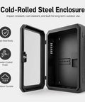 Heavy Duty Outdoor EV Charger Enclosure Built Tough Cold Rolled Steel Electrical Box with clear door open for access.