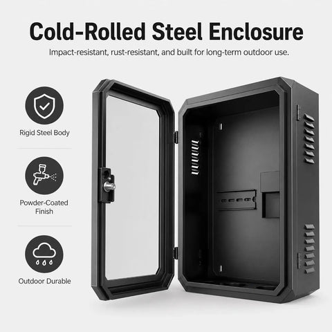 Heavy Duty Cold Rolled Steel EV Charger Station Enclosure Featuring Lockable Clear Door And Rust Resistant Finish For Dependable Wall Mount Protection At Home Or The Garage with open door.