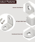 Heavy Duty Stainless Steel L Brackets Corner Braces 1 Inch Angle Connectors With Screws 20 Pack features stainless steel material and countersunk screw hole.