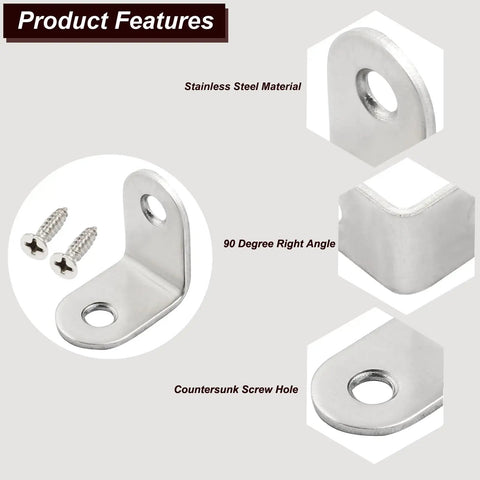 Heavy Duty Stainless Steel L Brackets Corner Braces 1 Inch Angle Connectors With Screws 20 Pack features stainless steel material and countersunk screw hole.