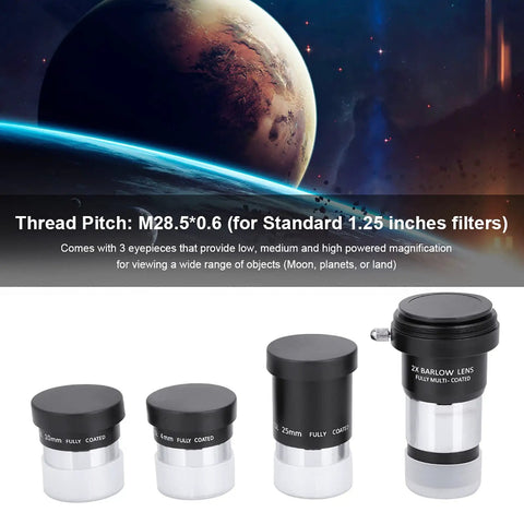 1.25 Inch Plossl Telescope Eyepiece Set With 10mm And 25mm Plossl Eyepieces And 2x Barlow Lens All Metal Body On Display