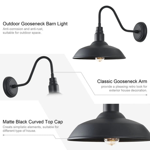 14 Inch Outdoor Gooseneck Barn Light With Wall Mount Black Industrial Exterior Fixture for Porch Farmhouse Garage and Patio